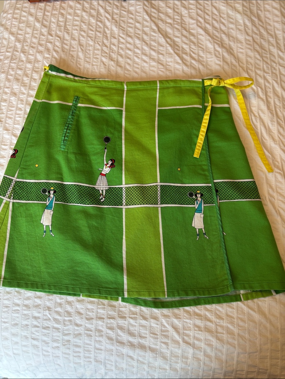 Anthropology Sitwell Green Tennis-Print Wrap Skirt with Yellow Tie